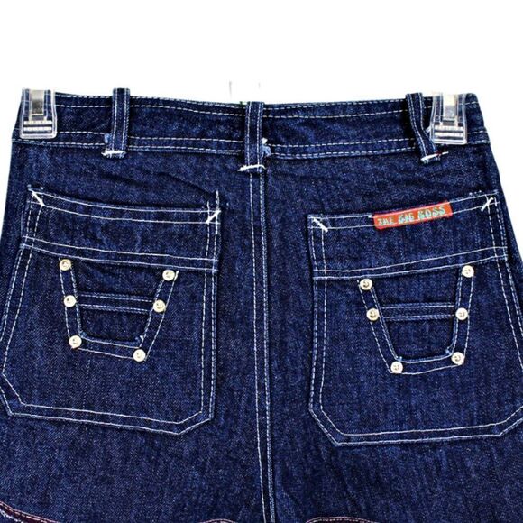 Denim Skirt Ruffled Pleated Accents Studded Back Pockets Blue Dark Wash Size SM - Picture 3 of 6